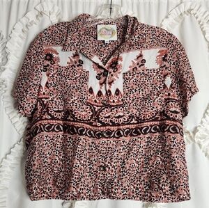 Haley Solar Floral Cropped Boxy Button-Up Short Sleeve Top Sz XS